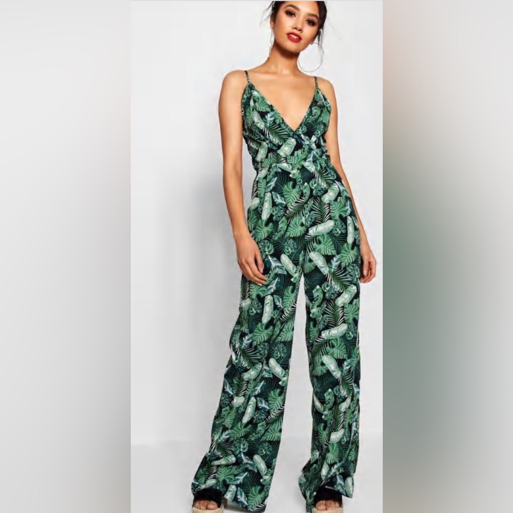 PETITE PALM PRINT WRAP FRONT JUMPSUIT